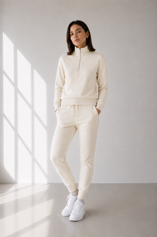 Woman wearing a beige tracksuit standing in a bright room with large windows.