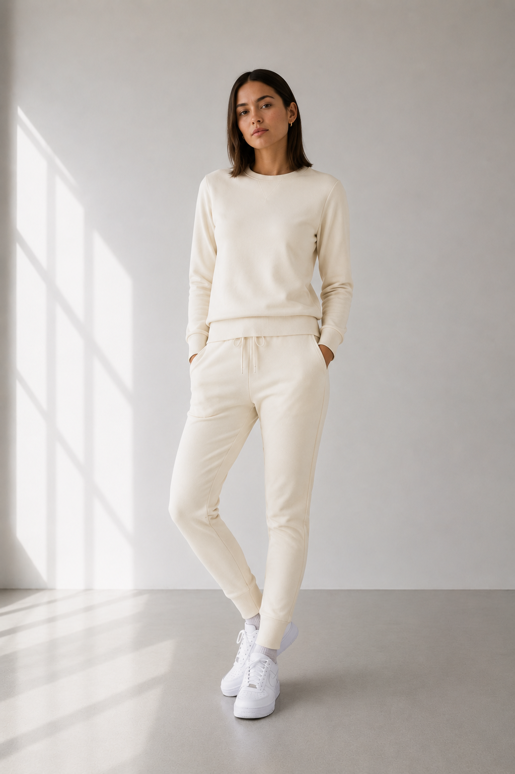 Woman wearing a cream-colored outfit standing in a bright room with large windows.