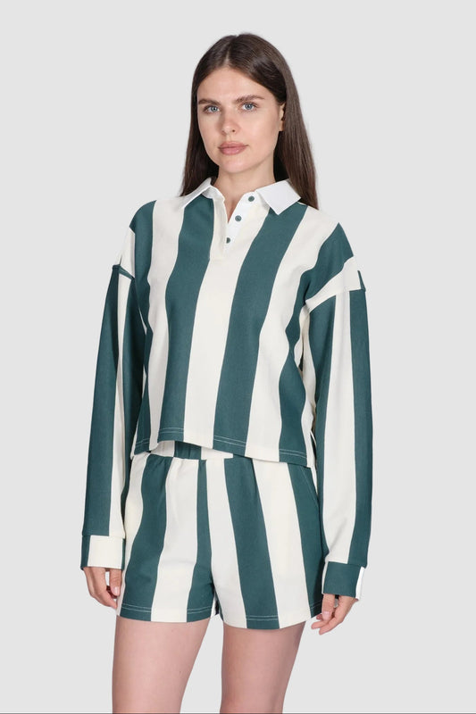 Women wearing Polo Rugby Green and Cream Striped Set