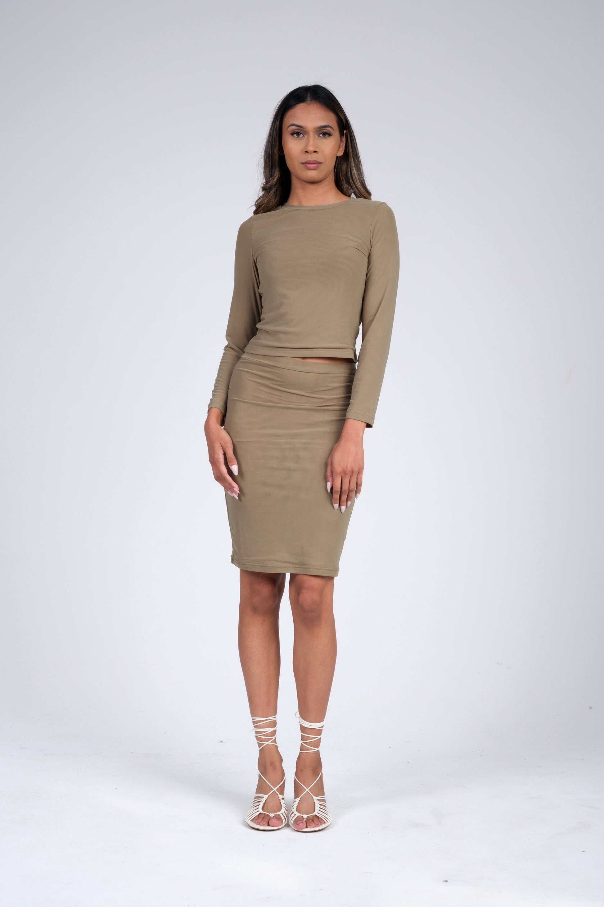 Mesh skirt in olive with matching mesh top