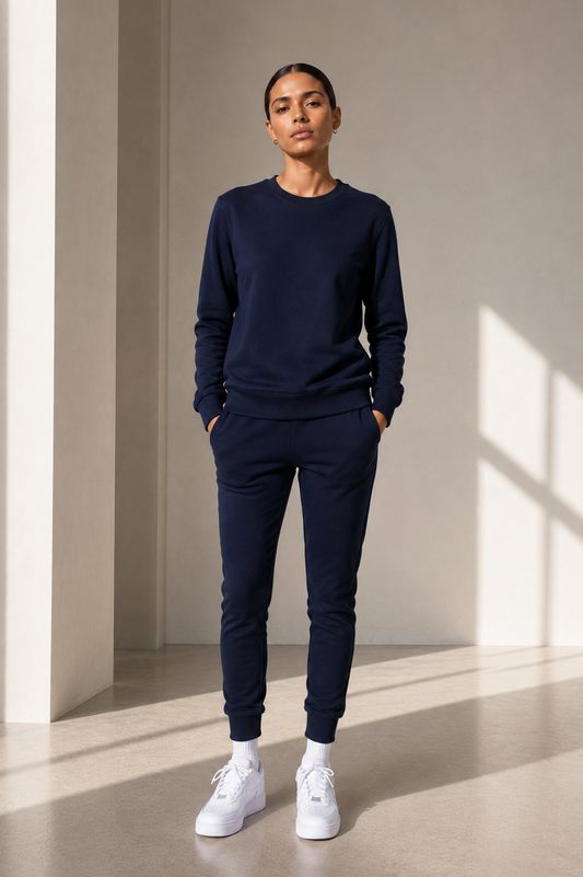 A model stands in a minimalist studio wearing a matching navy blue sweatshirt and jogger pants set, paired with white sneakers.