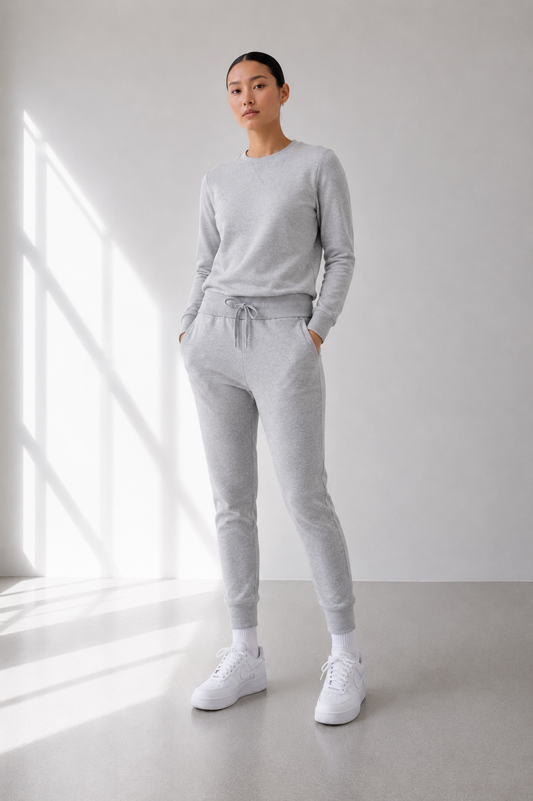 Person wearing a gray tracksuit standing in a bright room with sunlight streaming in.