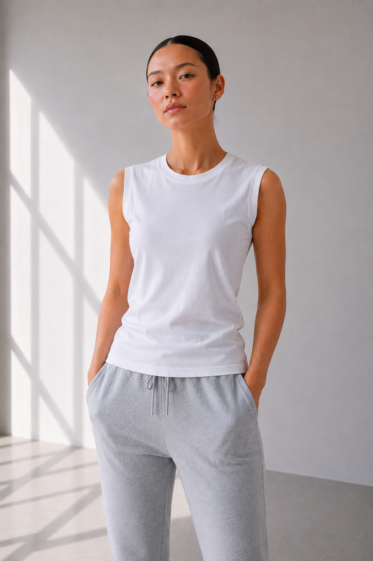 A woman wearing a white sleeveless crewneck tank top and light gray sweatpants, standing in a minimalist room with soft window shadows.