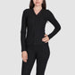 Woman wearing a black outfit on a white background