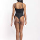 Back view of women’s sustainable one-piece swimsuit in black