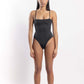 Women’s sustainable one-piece swimsuit with adjustable straps in black - front view
